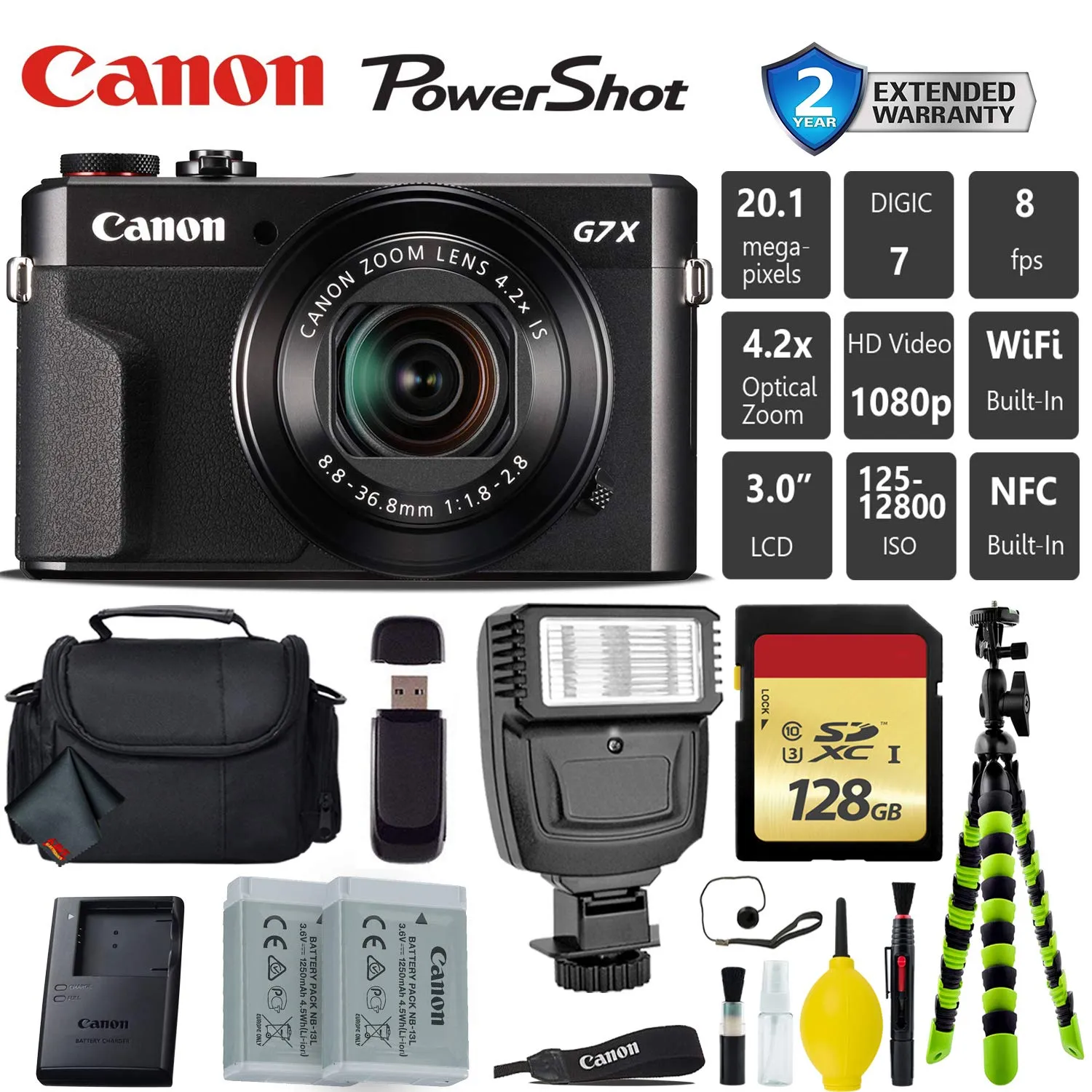 Canon PowerShot G7 X Mark II Point and Shoot Digital Camera   Extra Battery   Digital Flash   Camera Case   128GB Class Card Pro Bundle