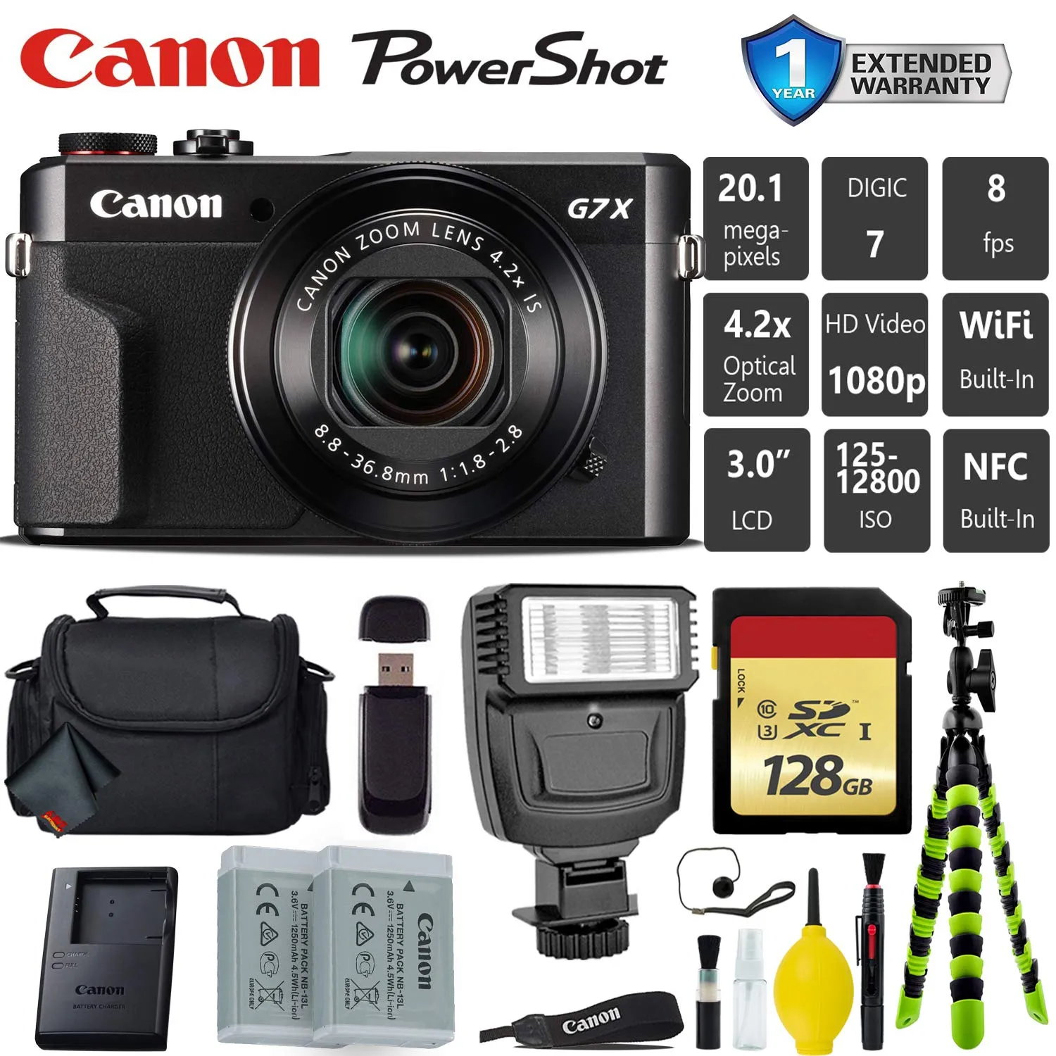 Canon PowerShot G7 X Mark II Point and Shoot Digital Camera   Extra Battery   Digital Flash   Camera Case Deluxe Bundle