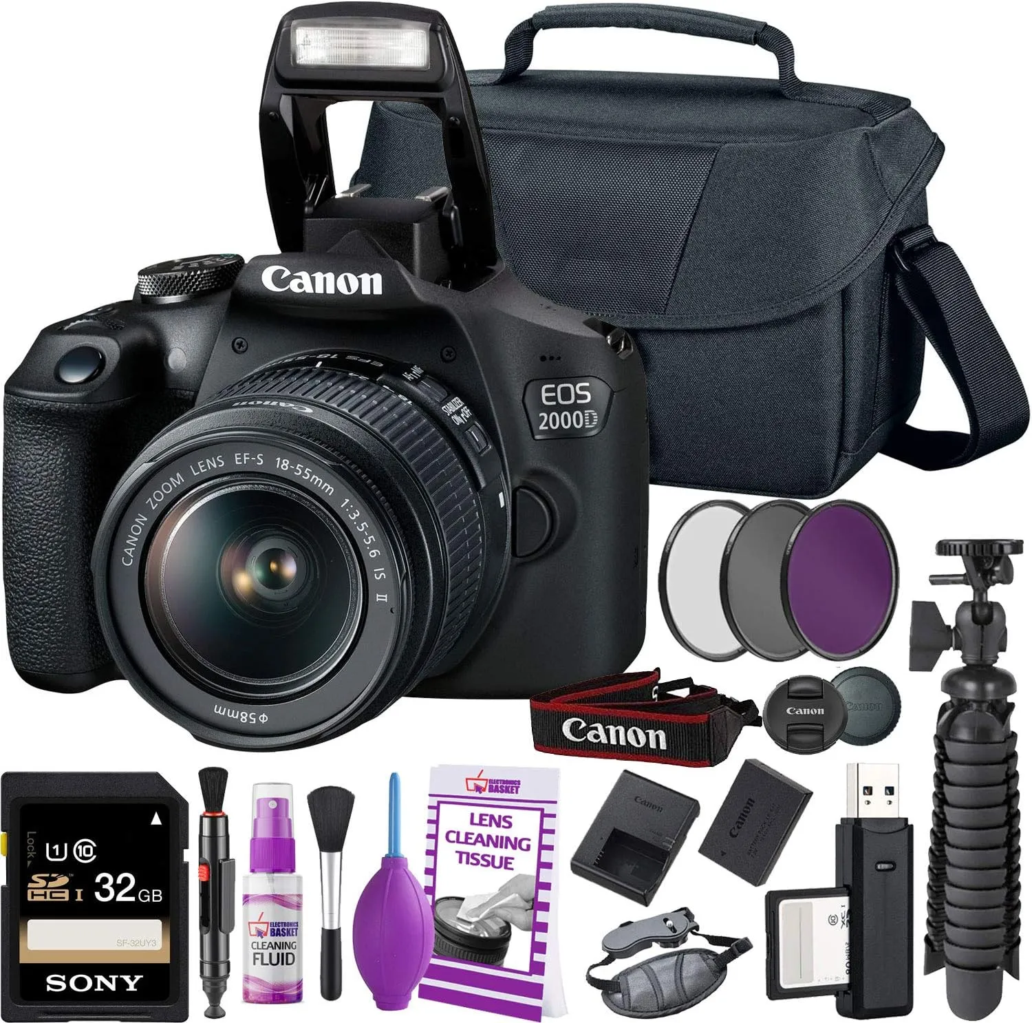 Canon Rebel T7 DSLR Camera (2000D) with EF-S 18-55 mm f/3.5-5.6 Lens   32GB Memory Card   Camera Bag   Cleaning Kit   Table Tripod   Filters