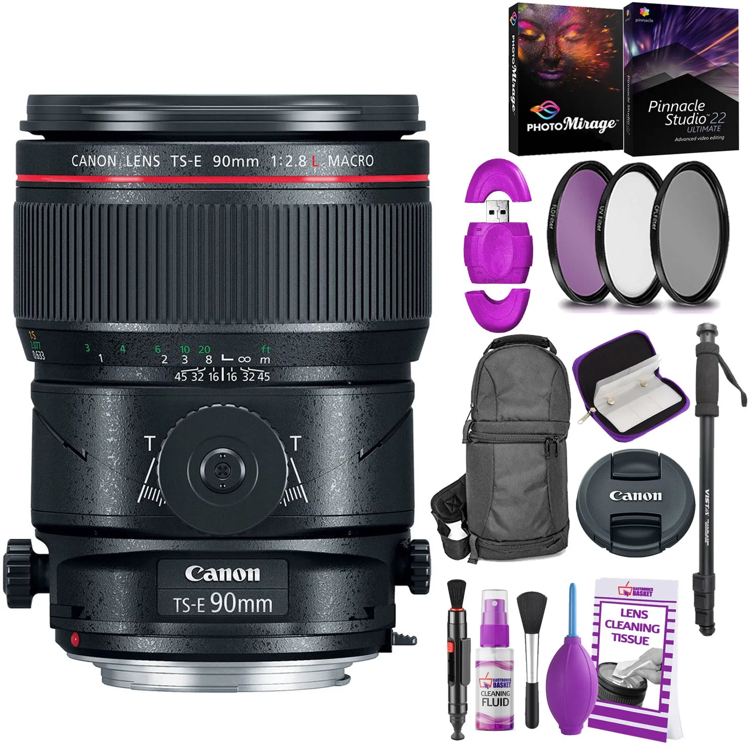 Canon TS-E 90mm f/2.8L Macro Tilt-Shift Lens with BONUS Bundle | Memory | Backpack | Monopod | Cleaning Kit | Intl Model