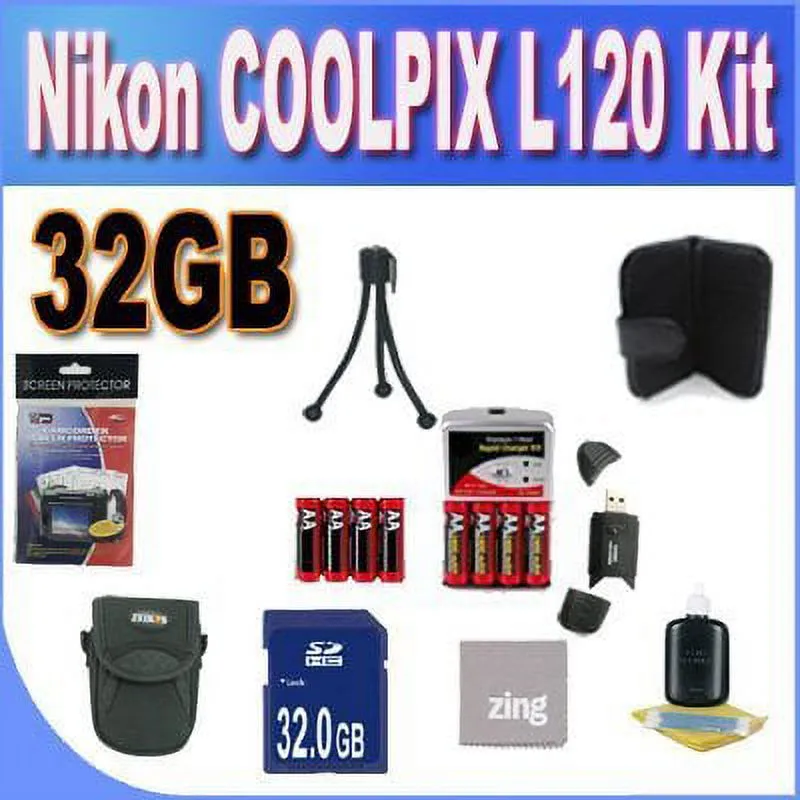 Nikon COOLPIX L120 32GB Accessory Saver Kit (32GB SDHC Memory Card  2 Sets of 4 NIMH Rechargeable AA Batteries  Rapid Battery Charger   Memory Card Wallet  Accessory Kit)