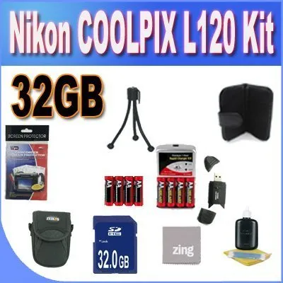 Nikon COOLPIX L120 32GB Accessory Saver Kit (32GB SDHC Memory Card  2 Sets of 4 NIMH Rechargeable AA Batteries  Rapid Battery Charger   Memory Card Wallet  Accessory Kit)