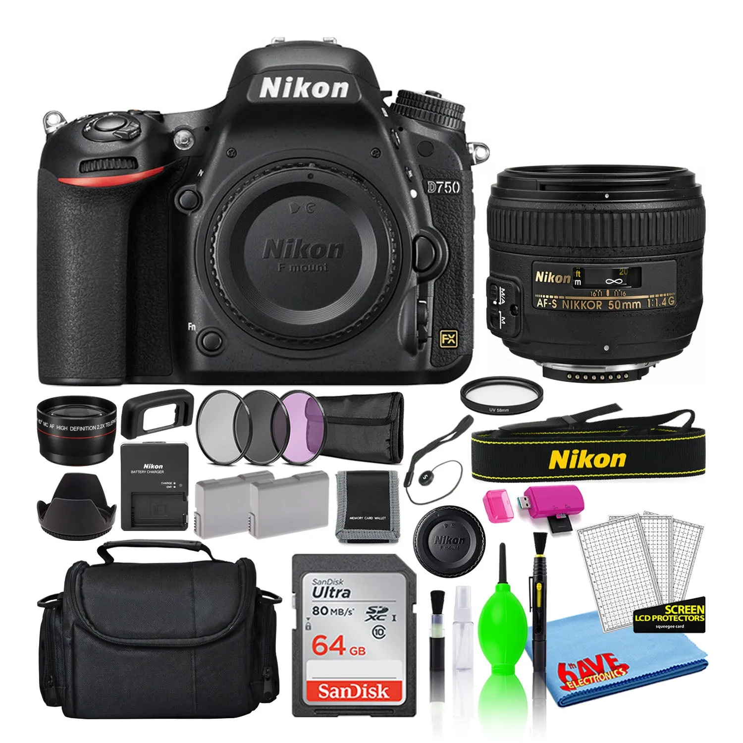 Nikon D750 Digital Camera with 50mm f/1.4G Lens (1543)   64GB Card   Bag (Intl)