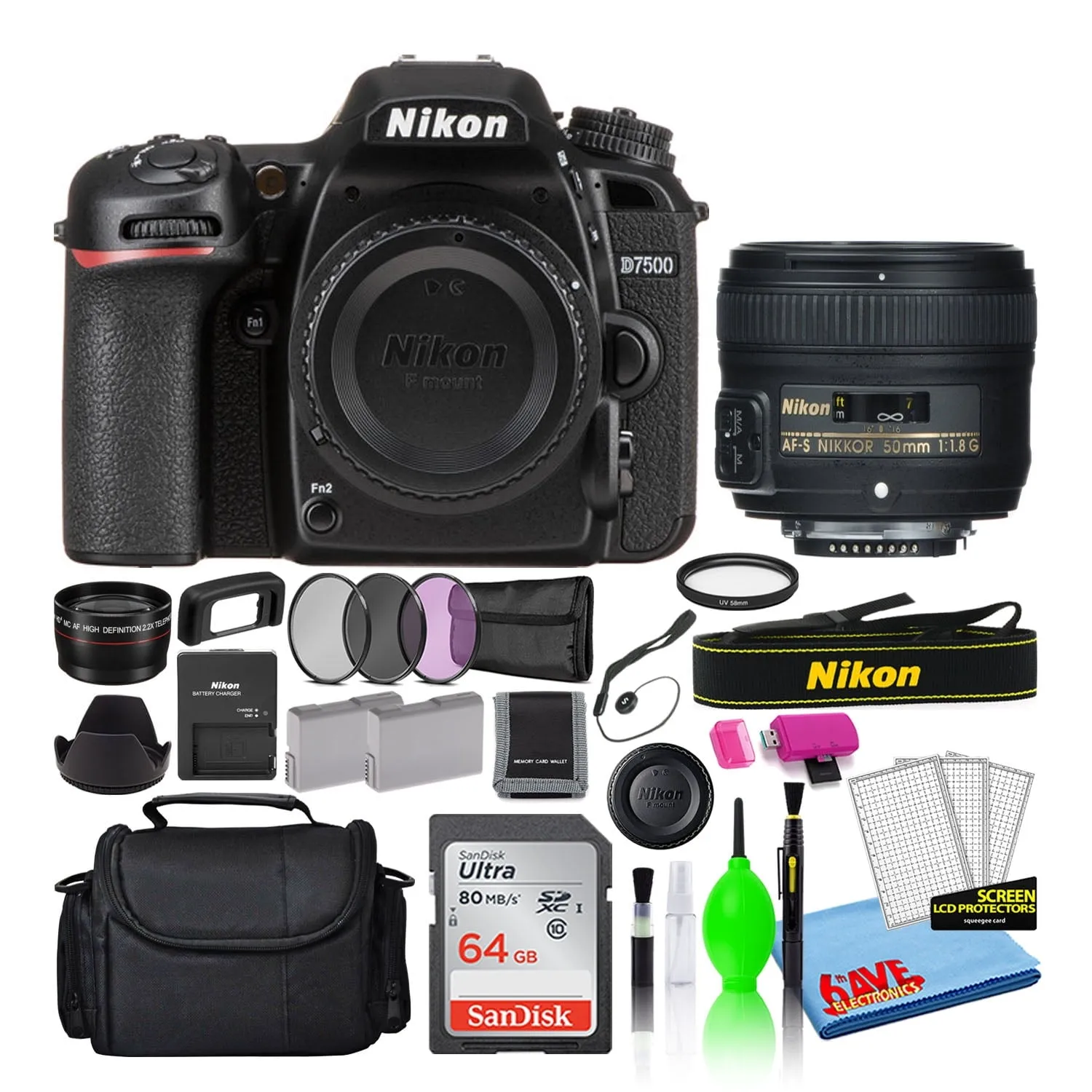 Nikon D7500 Digital Camera with 50mm f/1.8G Lens (1581)   64GB Card   Bag (Intl)