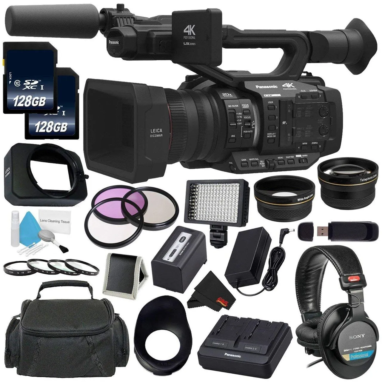 Panasonic AG-UX180 AG-UX180PJ 4K Premium Professional Camcorder   128GB SDXC Class 10 Memory Card   Carrying Case   Professional 160 LED Video Light Studio Series   Sony MDR-7506 Headphone Bundle