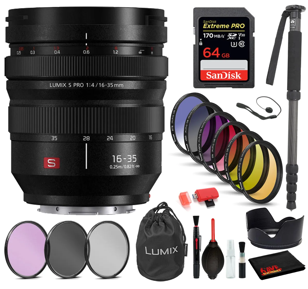 Panasonic Lumix S PRO 16-35mm f/4 Lens with: Sandisk Extreme Pro 64GB SD Card, 9PC Filter Kit   More