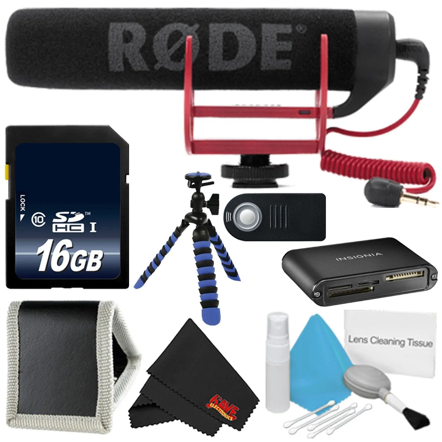 Rode VideoMic GO VIDEOMIC-GO   16GB Memory Card   Flexible Tripod with Gripping Rubber Legs   Deluxe Cleaning Kit   Microfiber Cloth- Bundle