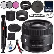 Sigma 30mm f/1.4 DC HSM Art Lens for Nikon #301306   62mm 3 Piece Filter Kit   128GB SDXC Memory Card   Lens Pen Cleaner Bundle