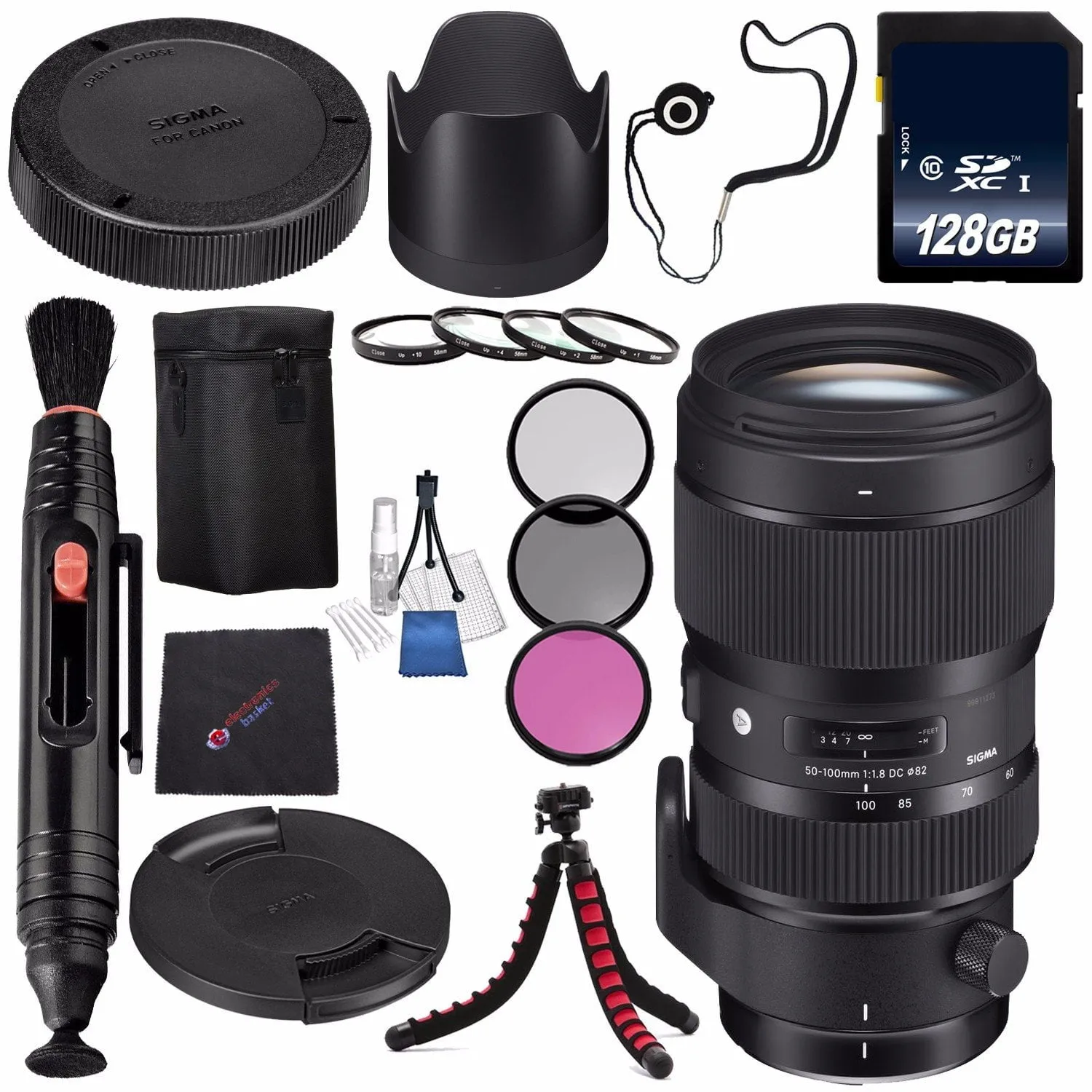 Sigma 50-100mm f/1.8 DC HSM Art Lens for Canon EF #693954   82mm 3 Piece Filter Kit   128GB SDXC Memory Card   Lens Pen Cleaner   Cloth   Flexible Tripod Bundle (International Model No Warranty)