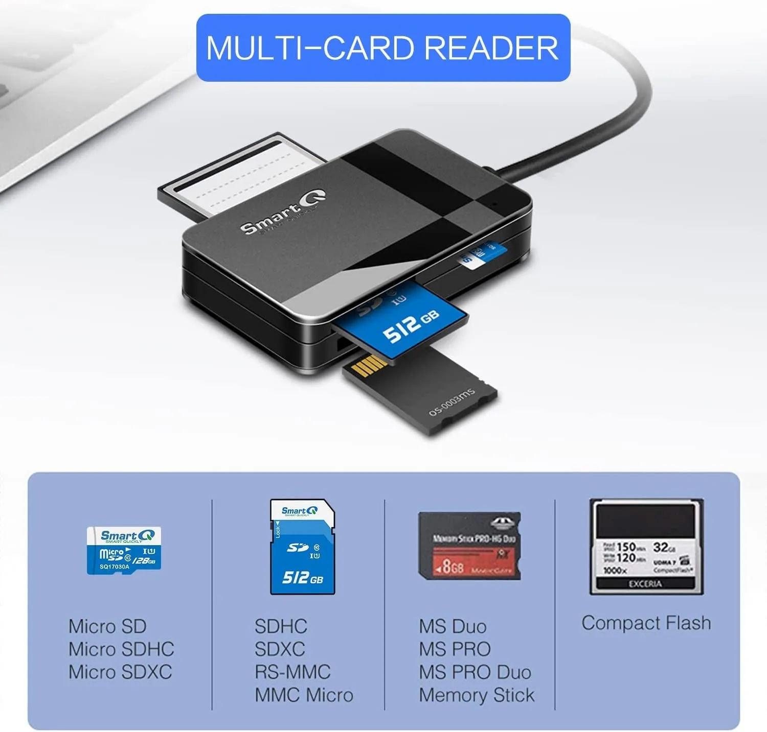 Smartq C368 USB 3.0 SD Card Reader, Plug N Play, Apple and Windows Compatible, Powered by USB, Supports CF/SD/SDHC/SCXC/MMC/MMC Micro, Etc.