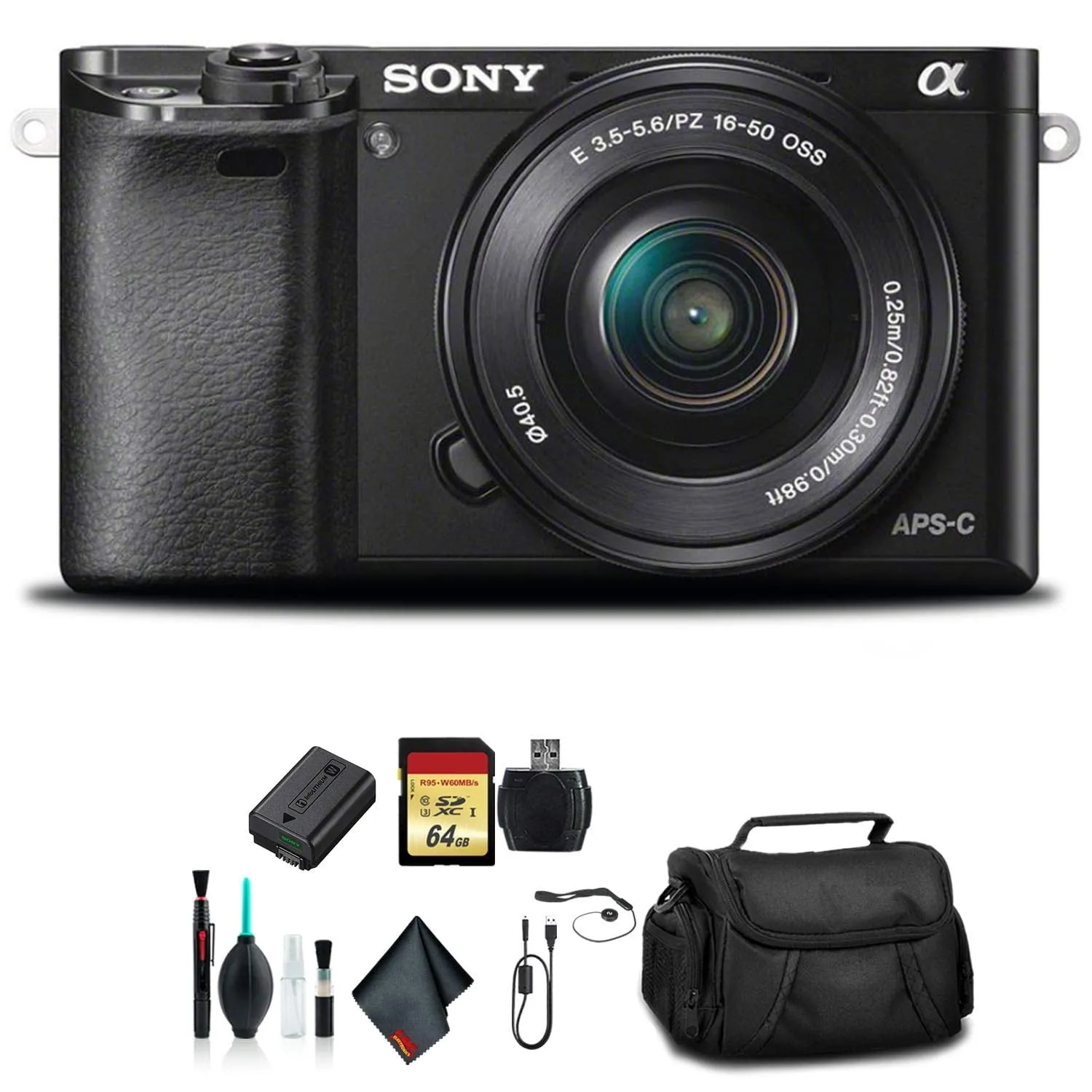 Sony Alpha a6000 Mirrorless Camera with 16-50mm Lens Black With Soft Bag, 64GB Memory Card, Card Reader , Plus Essential Accessories