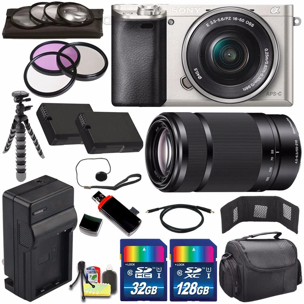 Sony Alpha a6000 Mirrorless Digital Camera with 16-50mm Lens (Silver)   Sony E 55-210mm f/4.5-6.3 OSS E-Mount Lens 160GB Bundle