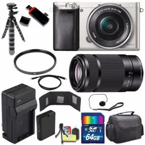 Sony Alpha a6000 Mirrorless Digital Camera with 16-50mm Lens (Silver)   Sony E 55-210mm f/4.5-6.3 OSS E-Mount Lens 64GB Travel Bundle