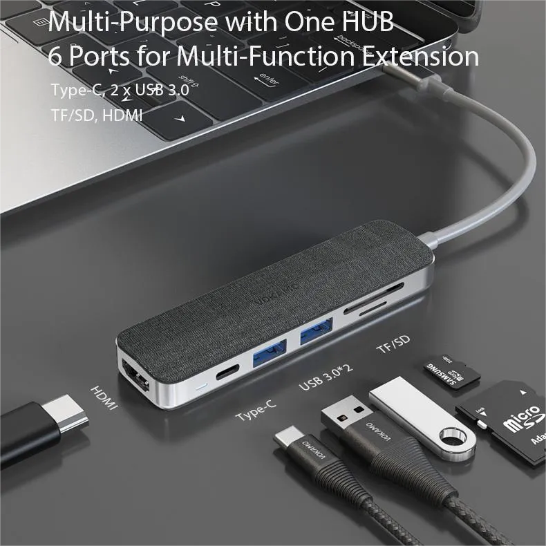 VOKAMO 6 in 1 USB C HUB,Slim 4K HDMI USB-C Hub For MacBook Huawei P30 MateBook etw